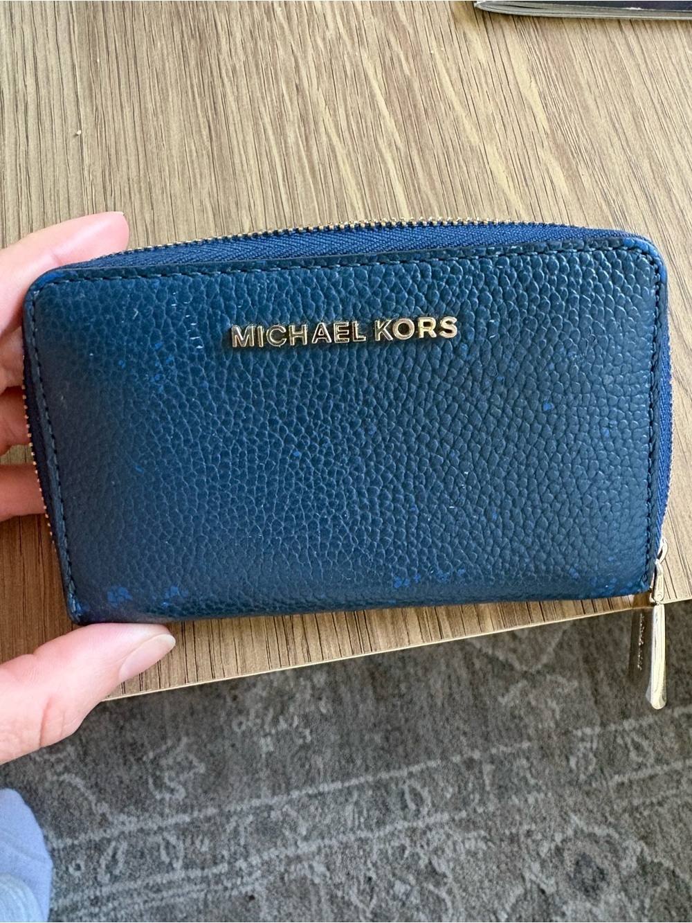 Michael Kors Pebbled Navy Leather Zip Card Holder with Gold Logo